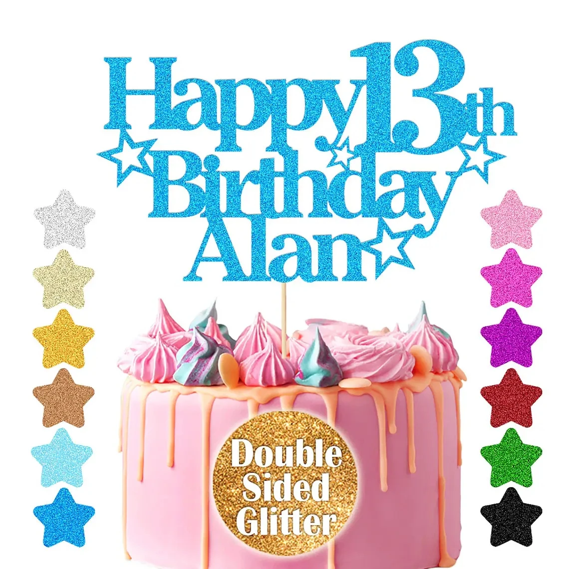 

Индивидуальное имя и возраст. Топпер для торта 18th, 21st, 30th, 40th, 50th, 60th. Двусторонний блеск | 12