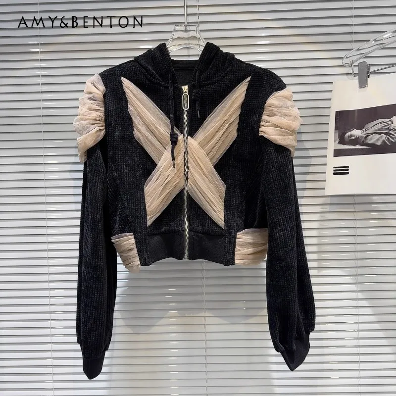 2024 Spring New Hot Girl Mesh Cross Strap Design Corduroy Hooded Short Jacket Top Zipper Long Sleeve Slim Fit Chaquetas De Mujer women s pants high waisted criss cross design wide leg slimming flared trouser spring new jeans 2023 fashion cowboy girl tide