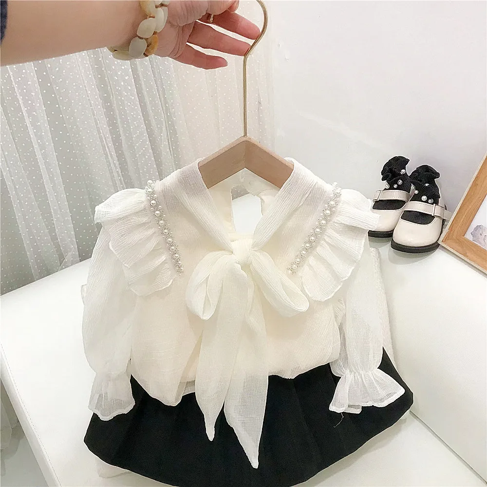 

Children Clothing Girls Spring Autumn Sweet Pearl Chiffon Bow Shirt Doll Shirt Thin Korean Style Girls Sweet Shirt and Skirt Set
