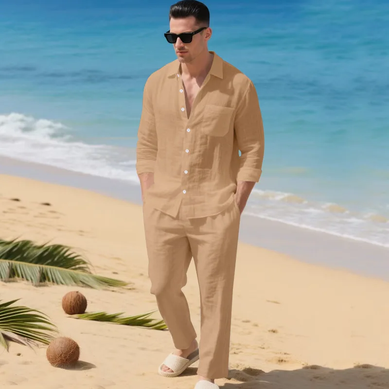 Men's Autumn Loose Trend Linen Solid Color Simple Lapel Long-Sleeved Shirt Beach Trousers Set