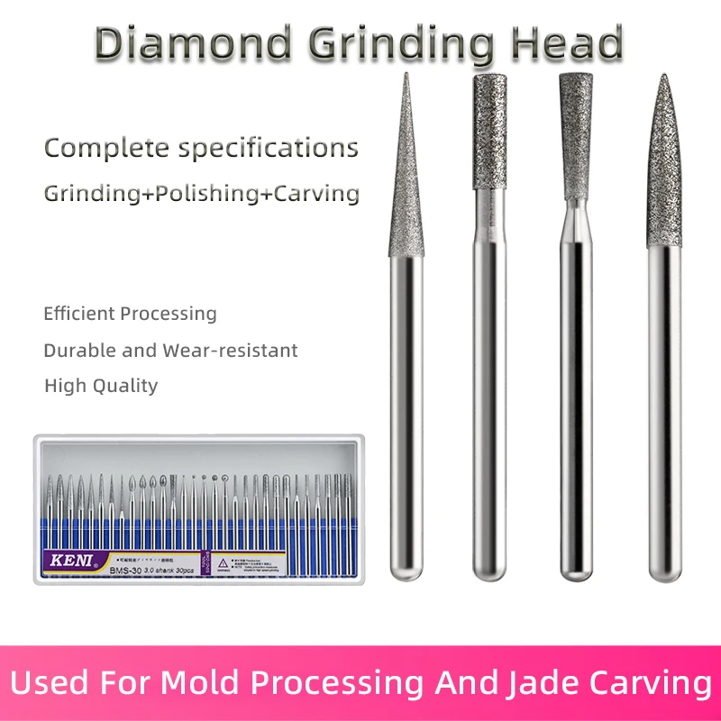 

30Pcs 3mm Shank Diamond Grinding Head Polished Needle Jade Stone Carving Engraving Tool Nail File Drill Bit Rotary Tools