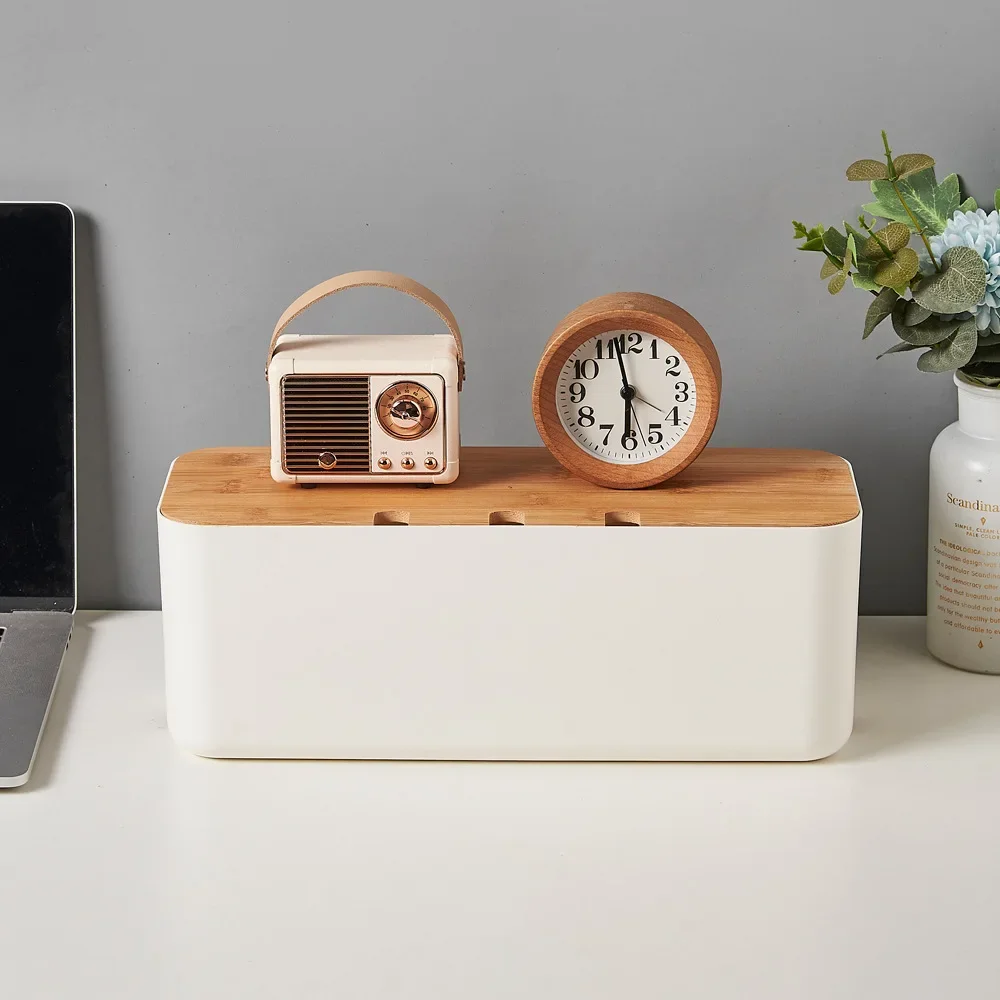 Cable Management Box Bamboo Cover Wire Junction Board Storage Box Hide Wires Power Strips Desk Computer Cable Organizer Box 5