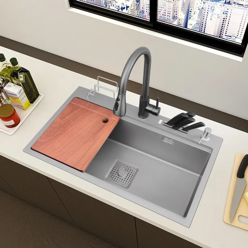 

Gun gray 304 stainless steel kitchen washbasin multi-function with knife holder sink under the table large single tank