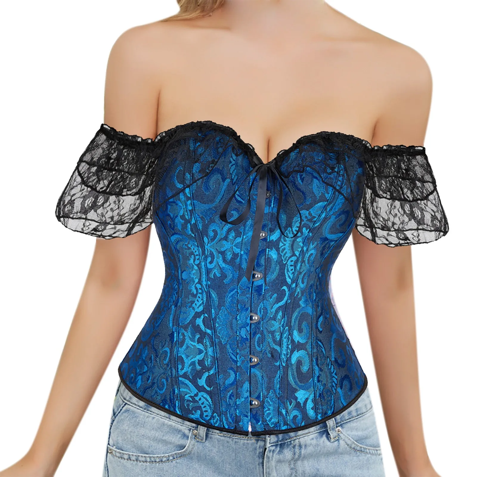 Pink Women Overbust Corset Off Shoulder Floral Print Bustier Top Elegant Vintage Short Sleeves Sexy Outfits Gothic Corselet
