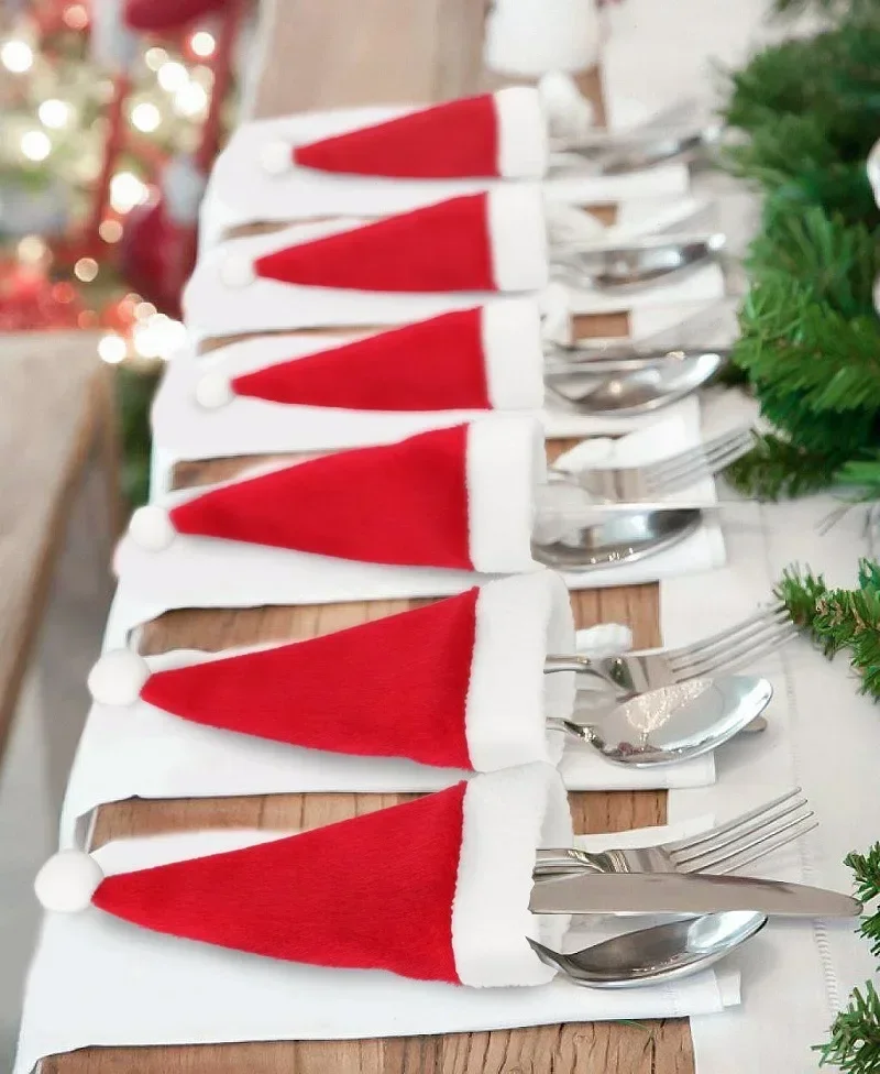 Christmas Decoration Tableware Holder Bag Christmas Hat Fork Knife Cutlery Bag Xmas Home Kitchen Decor Ornament Navidad New Year