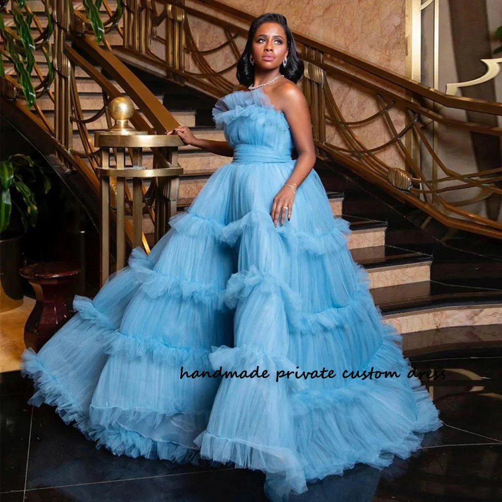 

Baby Blue Tulle A Line Luxury Prom Party Dresses Strapless Arabic Dubai Celebrate Event Dress Long Fairy Evening Party Gowns