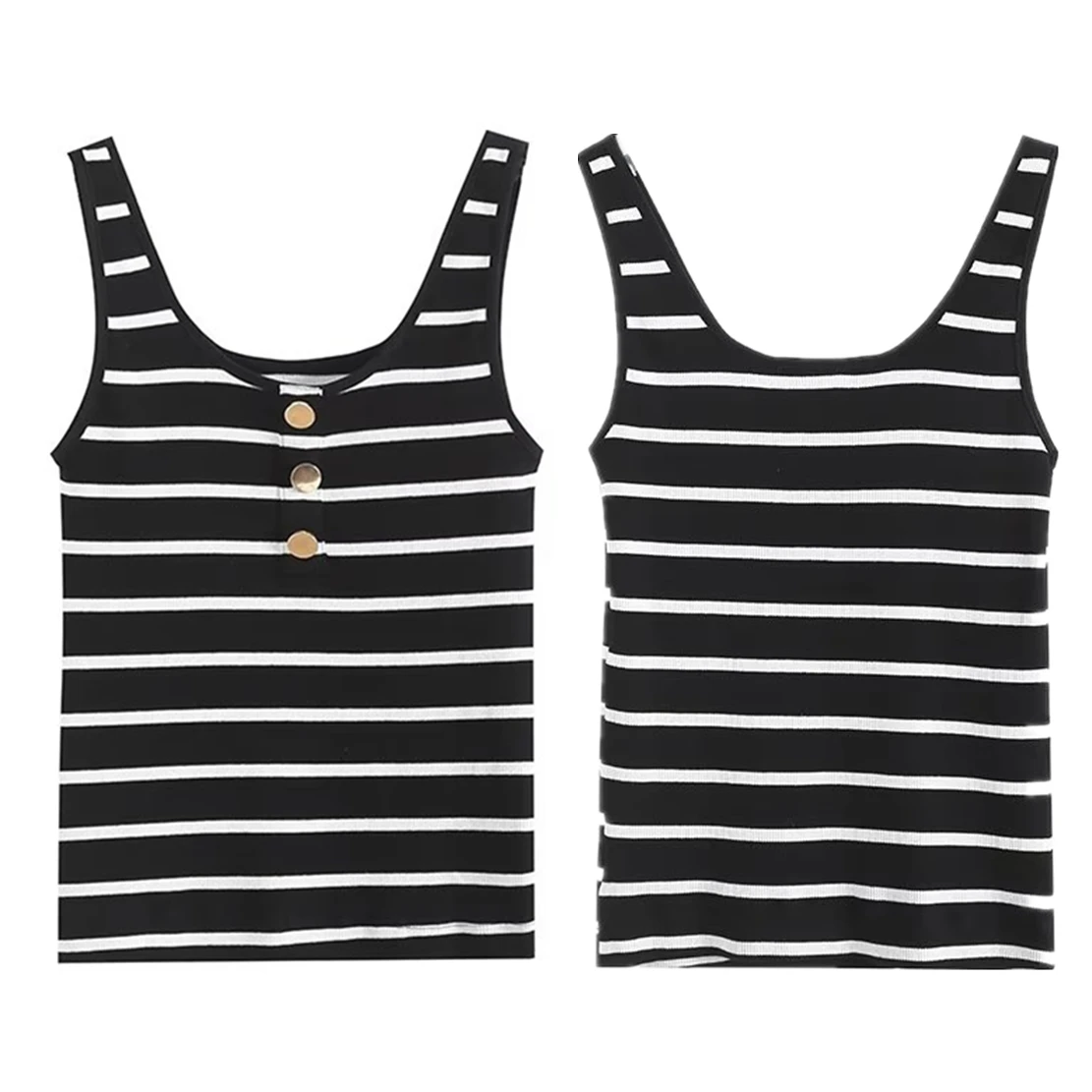 

Dave&Di British Fashion Ladies Single-breasted Tank Top Basic Women Casual Striped Knit T-Shirt Female