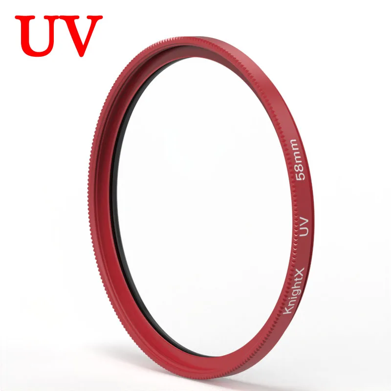 Filtre UV pour objectif appareil photo avec différentes tailles de bague, de 49mm à 77mm, pour une compatibilité universelle.