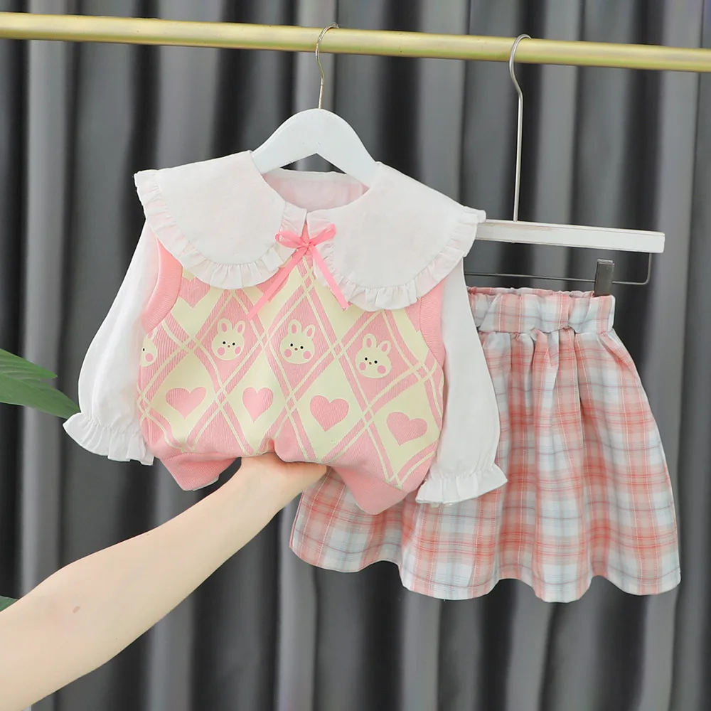 

Baby Girls Vest Lace Shirt Skirt 3 Pcs Suits 2023 Autumn Children Clothing Sets Kids Clothes Outfits Cartoon Bear Infant Costume