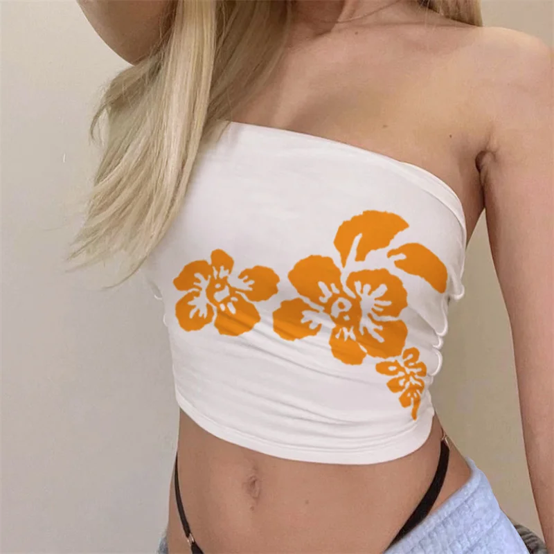 Top de tubo Y2K para mujer, con estampado floral estético, hombros descubiertos, sin tirantes, sin mangas, estilo bandeau, chaleco de los años 2000, ropa de calle para fiesta