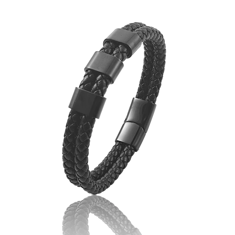 Customized Family Name Double Layer Stainless Steel Leather Bracelet Lock Bangle with Square Charm Men's Punk Jewelry Gifts