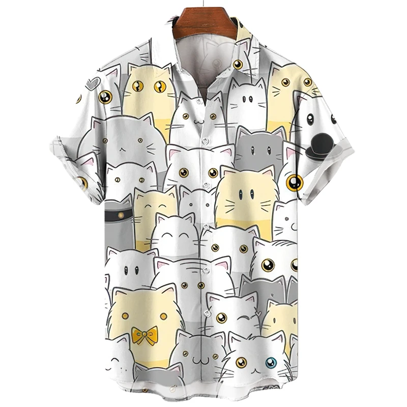 Men's Shirt Hawaiian Short Sleeve Male Clothes Fashion Button Shirt For Girl Kawaii Kitten Top T-shirt Harajuku Cute Blouse Tops 6