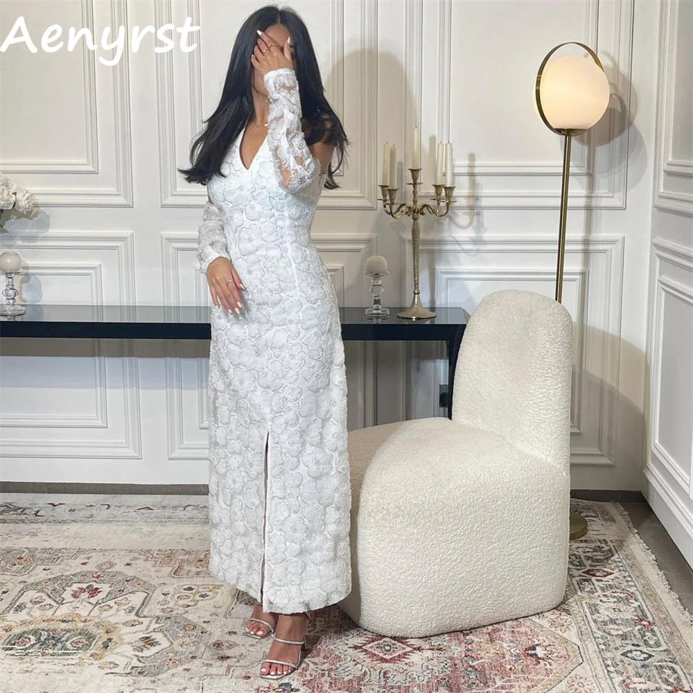 

Aenyrst V Neck Flowers Mermaid Saudi Arabia Evening Dresses Pearls Lace Long Sleeves Prom Gowns Floor Length Dinner Party Dress