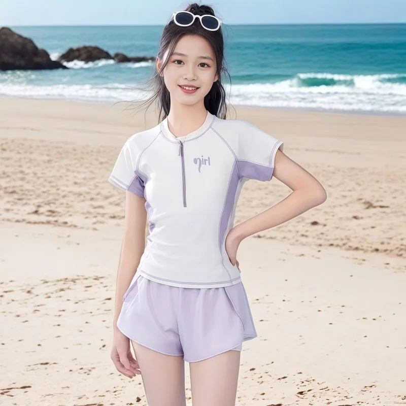 여름 신상품 여아 수영복 2톤 핑크와 퍼플 색상의 발달기 청소년을 위한 2피스 스포츠 수영복