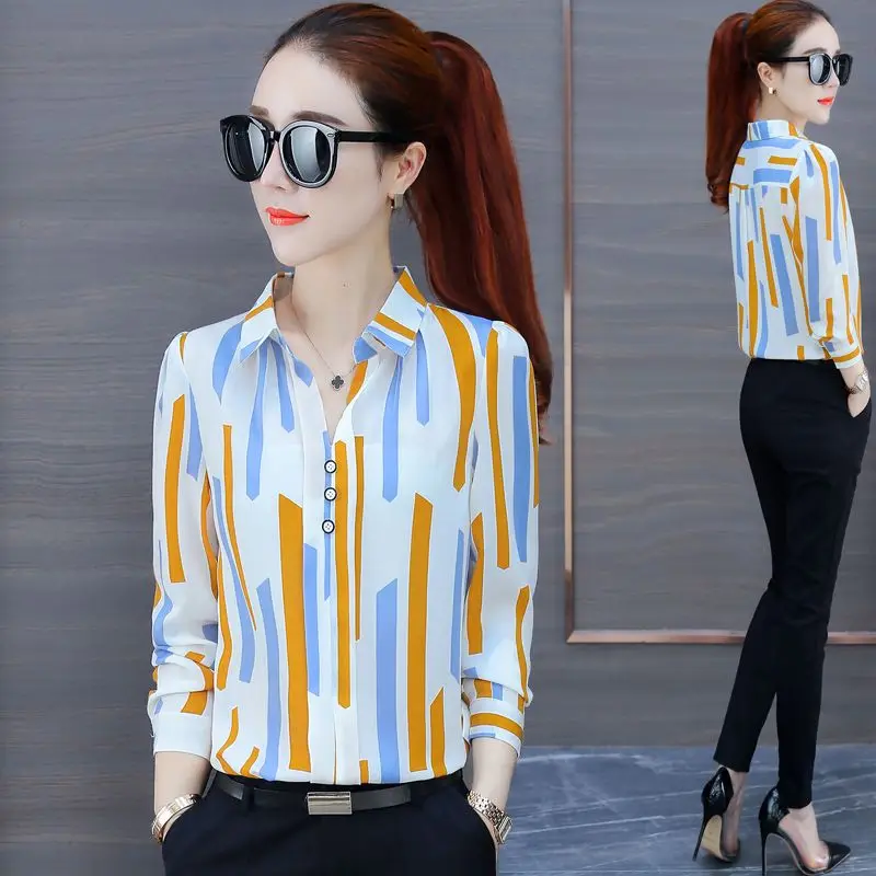 2023 New Women's Clothing Shirt Polo-Neck Long Sleeve Office Lady Commuter Fashion Stylish Printed Button Geometric Blouse