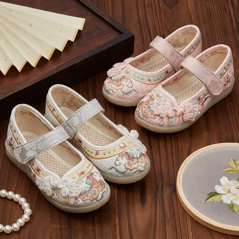 Kids Hanfu Shoes Sweet Embroidery Flower Girl Princess Shoes Fashion Chinese Ancient Style Children's Causal Flat Cloth Shoes 3