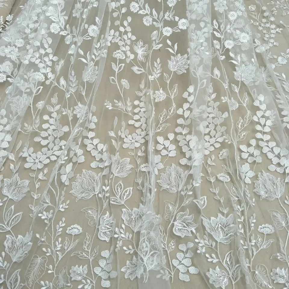 Elegant Fashion Bridal Dress Sequins Jacquard Lace Fabric Cotton Voile Lace Fabric Brocade Lace Fabric 130cm Width Wedding Dress Fabric Sequins Lace Selling by Yard