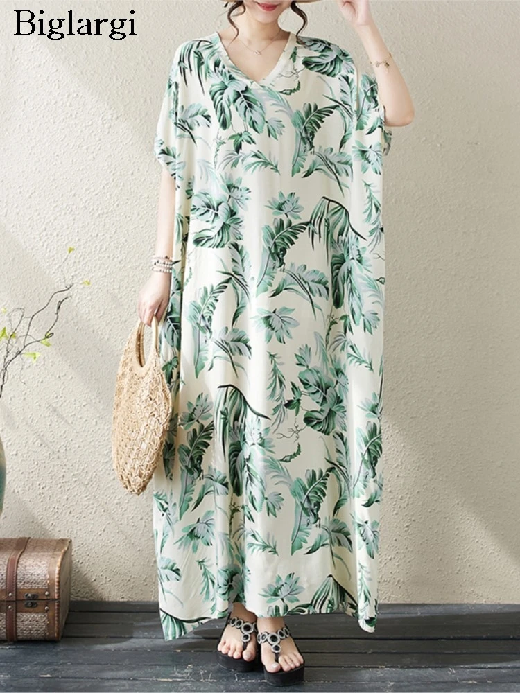 

Oversized V-Neck Summer Long Dress Women Floral Print Fashion Ruffle Ladies Dresses Loose Pleated Short Sleeve Woman Dress