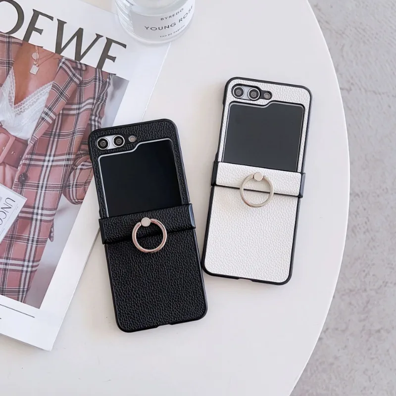 Litchi Patterned Leather Phone Case with Ring Holder and Shockproof Design