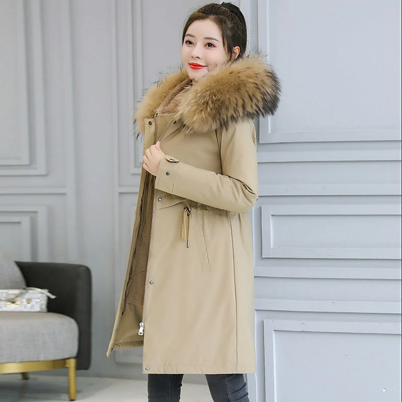 2023 New Parker Cotton-padded Women Winter New Ins Coat Large Fur Collar Down Medium Long Cashmere Cotton-padded Coat Coat