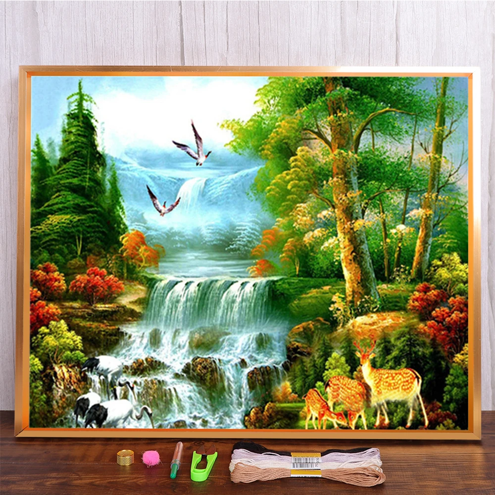 Meian Landschaft Grüner Baum Kreuzstich Komplettset DIY Stickset Malerei Handarbeit Handarbeit Handwerk Schmuck Home Decor – Detail 12