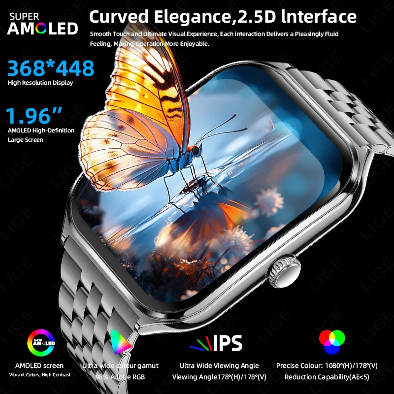 LIGE Ultra-thin Amoled Smartwatch 1.96inch Curved BT Call Long Battery Life Fitness Watches Men AMOLED Sports Health Smart Watch