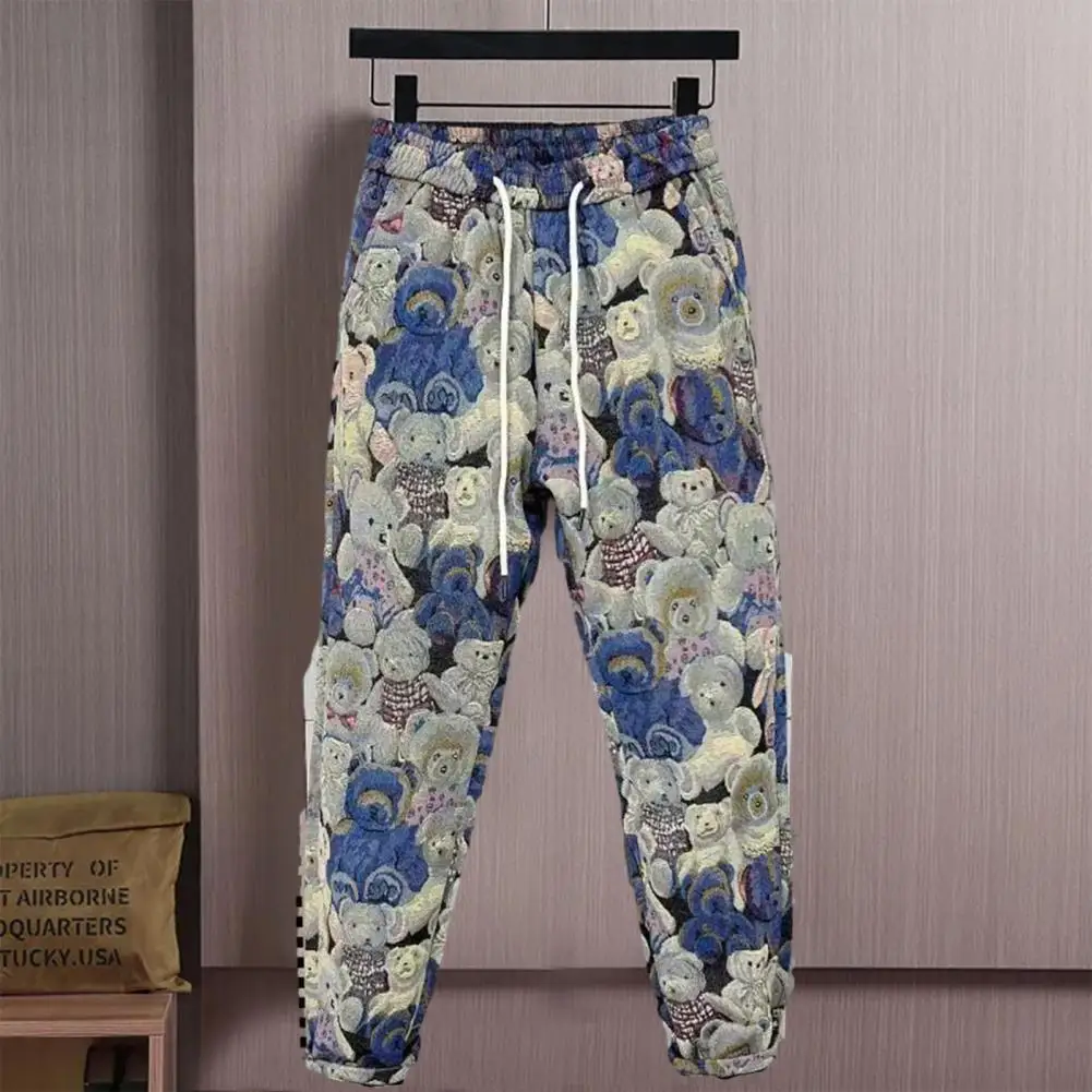 

Harem Pants with Leg-binding Design Men's Bear Print Casual Harem Pants with Elastic Waist Pockets for Autumn Winter Streetwear