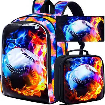 3PCS Boys Bookbag, 17" Kids Backpack and Lunch Box, Water Resistant Teenagers School Bag for Middle Elementary - Flame Baseball 1
