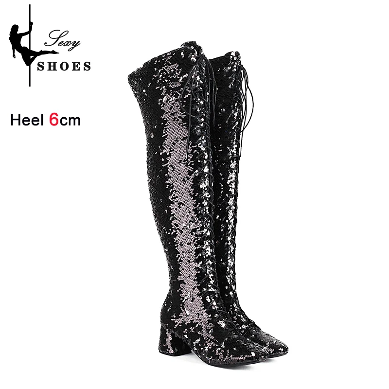 Women Over the knee Sequined Shoes 6CM Chunk Heeled High Heels Night Club Glitter Female Boots Size 33-46 Side Zipper Long Boots