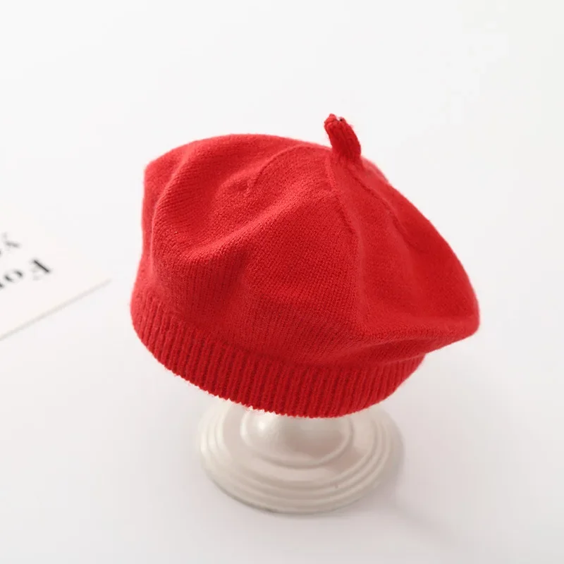 Solid Color Baby Beret Hat Winter Warm Knitted Beanie Cap for Infant Girls Korean Toddler Princess Artist Painter Caps