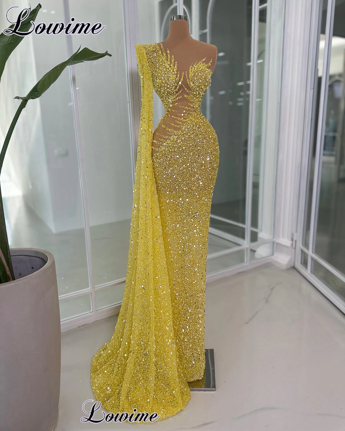 New Yellow Glitter Prom Dresses Mermaid One Shoulder Special Evening Gowns With Pearls Vestidos Para Mujer Prom Dresses