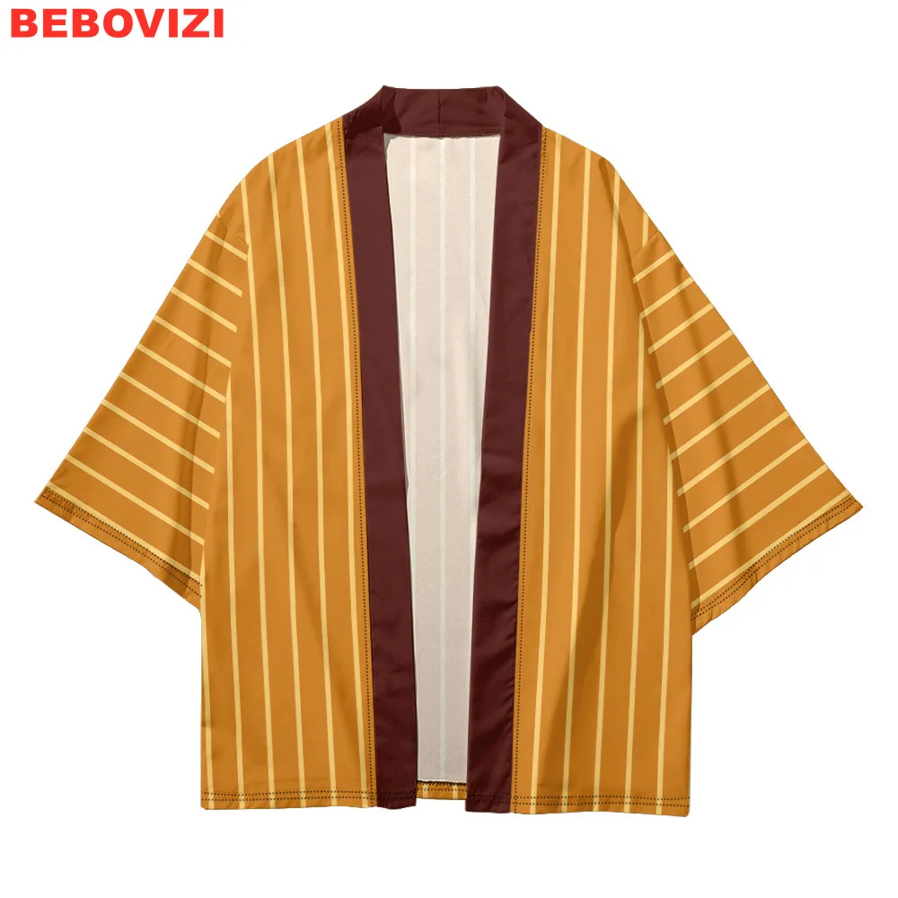Cosplay Haori Cardigan Beach Yukata Japanese Kimono Casual Traditional Tops Orange Stripe Print Women Men