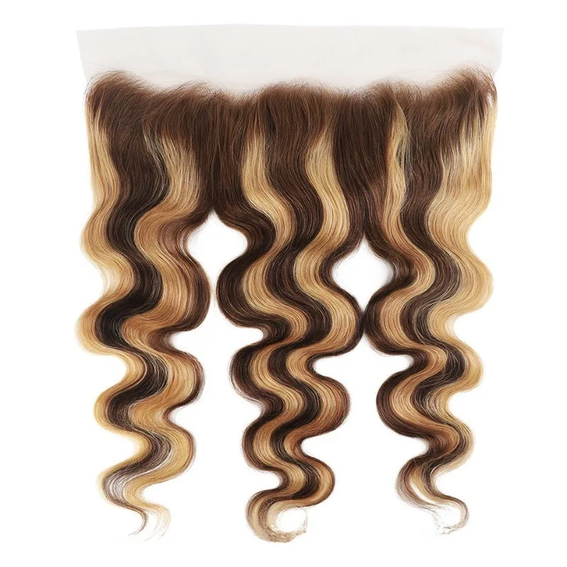 P4/27 Highlight Body Wave 13x4 Lace Frontal Human Hair Pre-Plucked Hairline Brazilian Virgin Hair Transparent Lace Closure