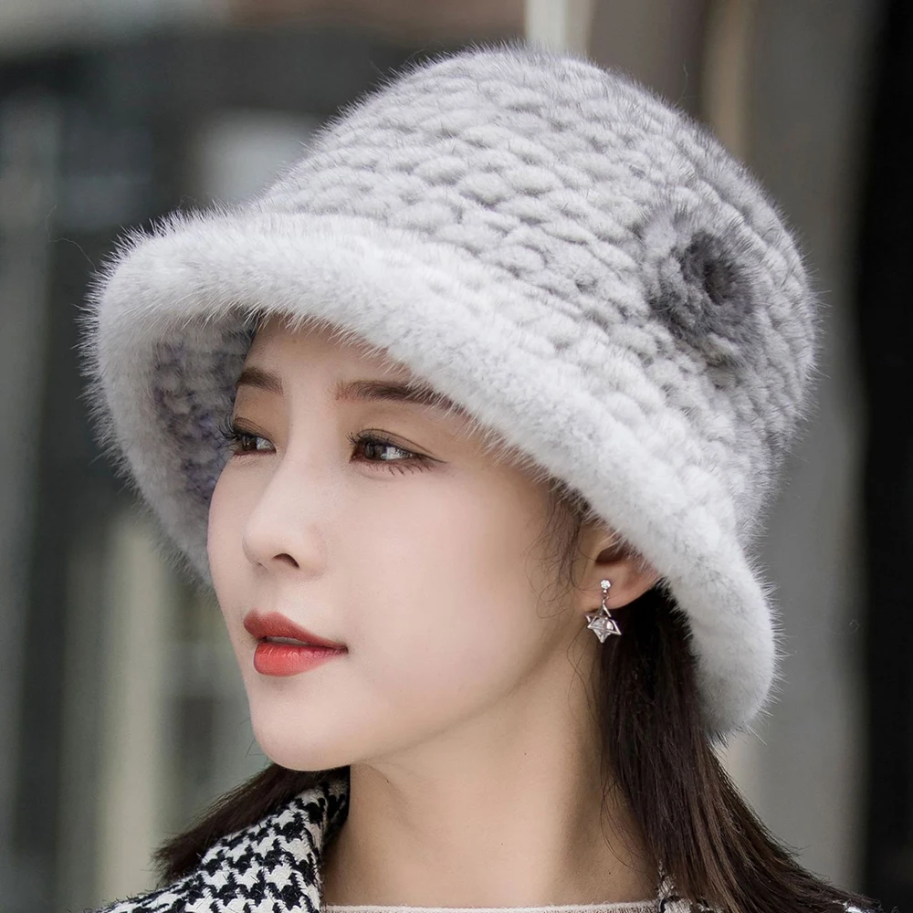 Women Hat Woman Hat Winter Solid Mink Caps With Flower Natural Mink Fur Hats New Russian Girl Soft Knitting Real Fur Bucket Hats Warm