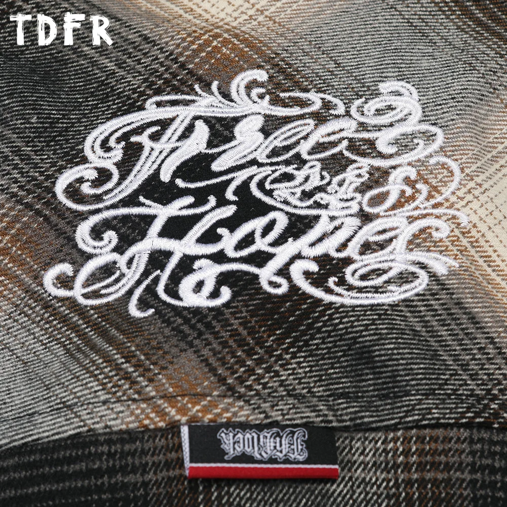 Letter Embroidery Plaid Short Sleeve T-shirt Mens Pocket Chicano Streetwear Summer Single Breasted Lapel Half-Sleeve Shirts Men