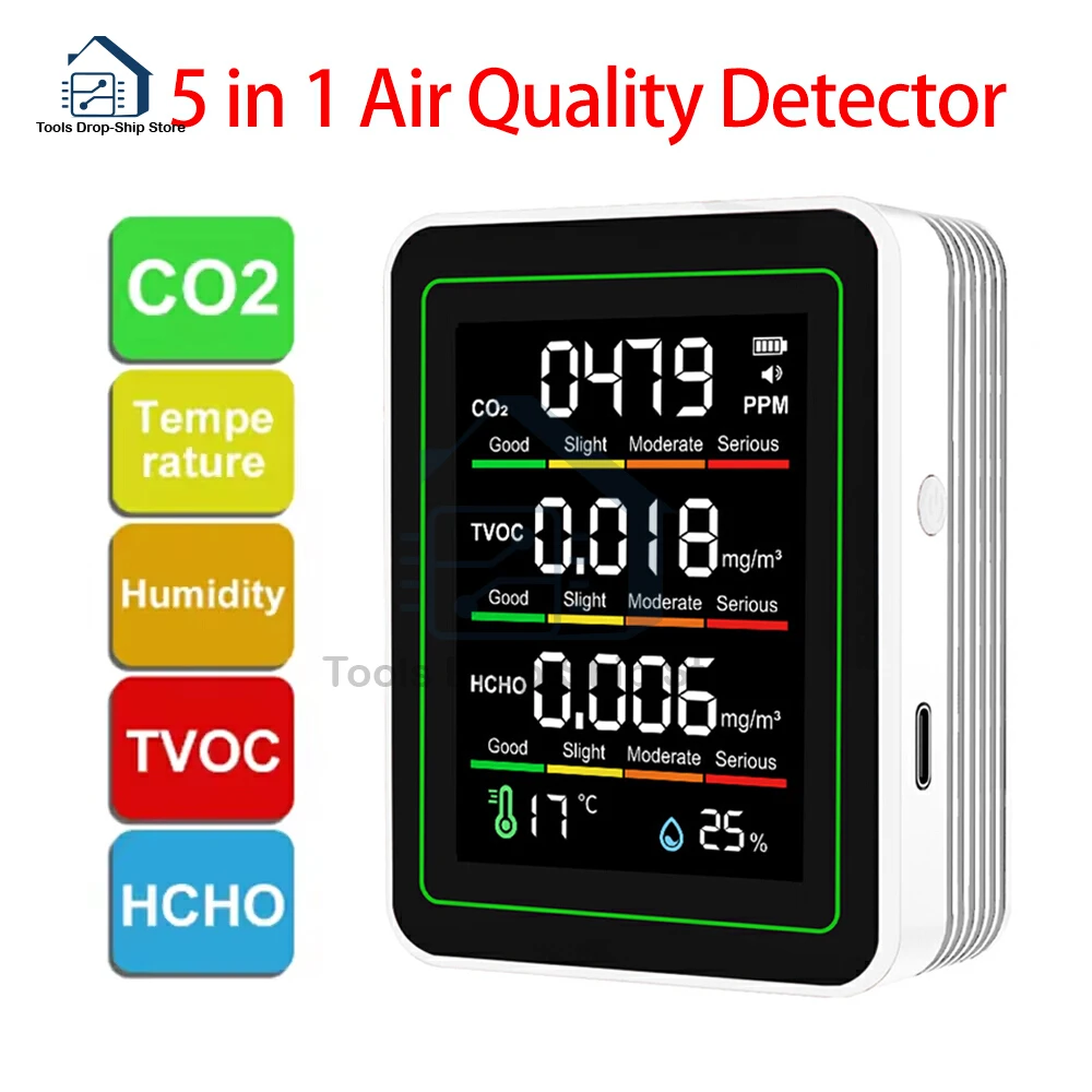 5 in 1 Digital Air Quality Monitor CO2 HCHO TVOC Humidity and Temperature Monitor CO2 Tester LCD Household Air Quality Tester