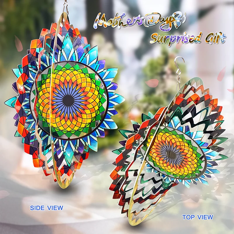 PSATHENATI Wind Spinner Mandala Sun Flower 12in 3D Stainless Steel Art Geometric Pattern Hanging Kinetic Yard Art Decorations