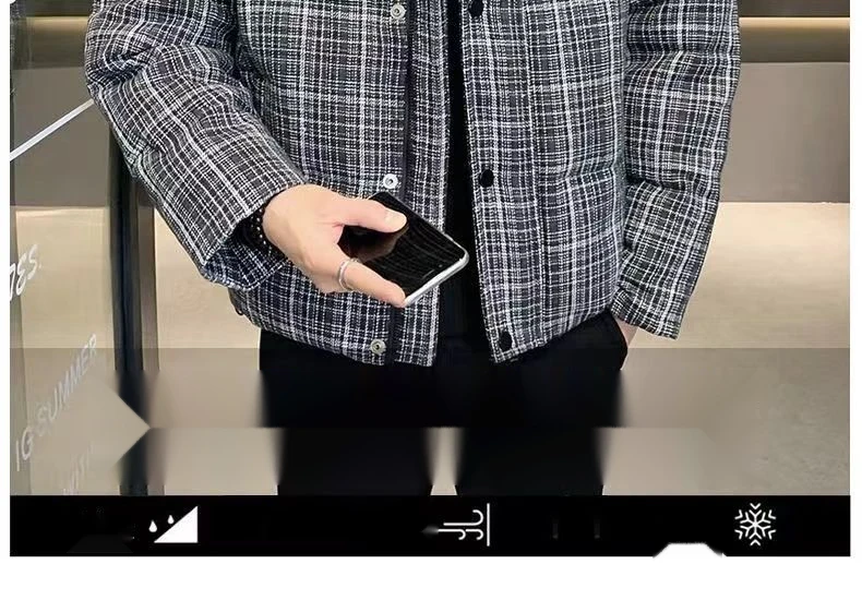 2023 Neue Daunenjacke für Herren, hübsche karierte Baumwolljacke mit kurzem Stehkragen, verdickte und leichte Herrenjacke,_voghion.com