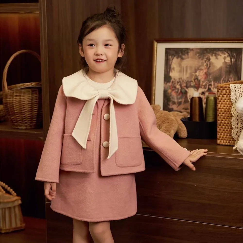 

High quality autumn winter girls' outerwear Sweet Pink Girls' Set Pure handmade double-sided fabric set
