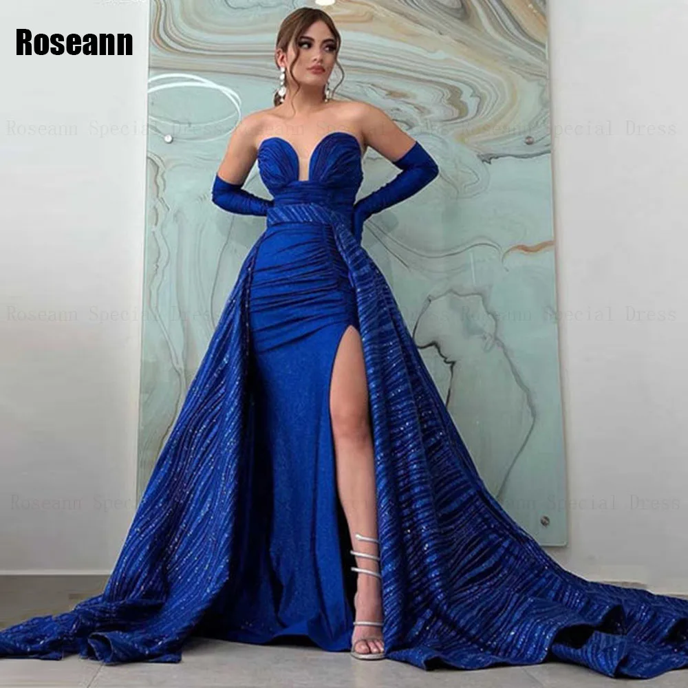 

Exquisite 2024 Bule Mermaid Evening Dresses Strapless Detachable Front Split Sleeveless Party Dress Floor Length Robe de soirée