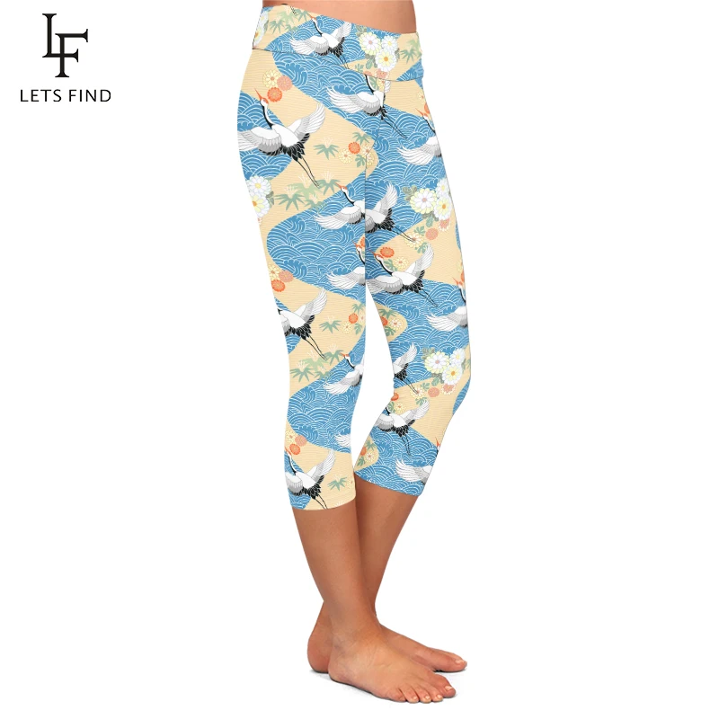 LETSFIND High Quaility Slim Women Capri Leggings Fashion 3D Egrets Print High Waist Fitness Soft Mid-Calf Leggings