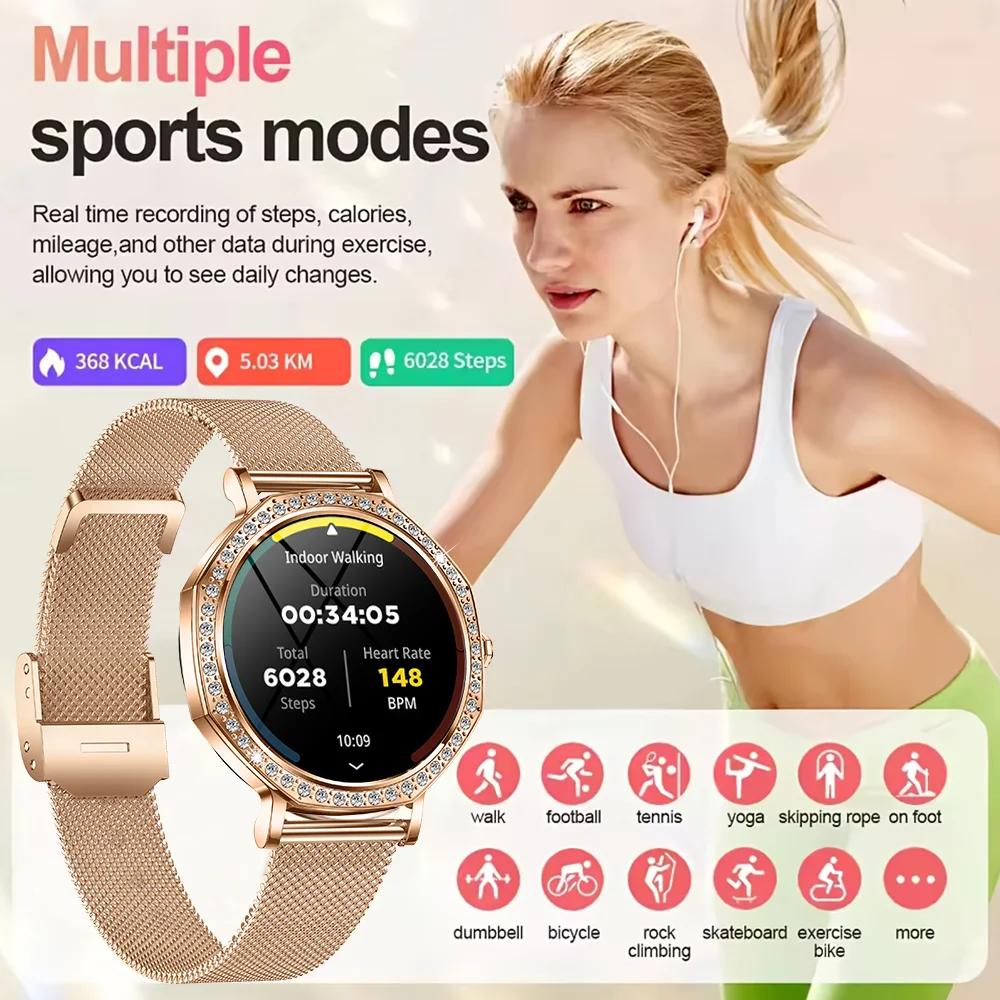 새로운 패션 여성용 스마트워치 AMOLED HD 스크린 블루투스 통화 IP68 방수 안드로이드 및 iOS에 적합 여성용 스마트워치