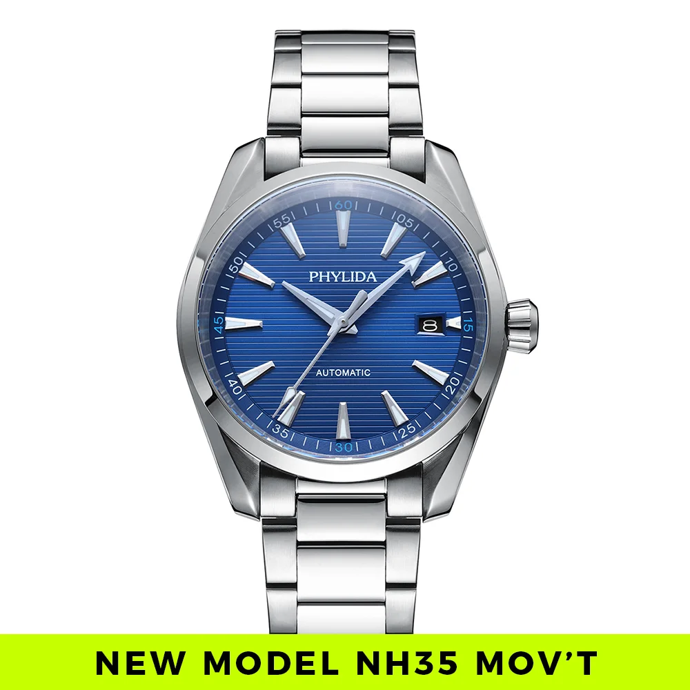 PHYLIDA 10BAR Wasser beständig NH35 Automatische Uhr Blau Zifferblatt