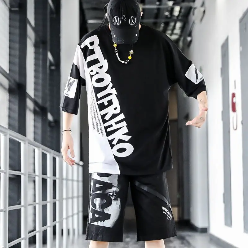 Men's casual Shorts Set alphabet print T-shirt two piece set summer high street hip hop casual wear 5