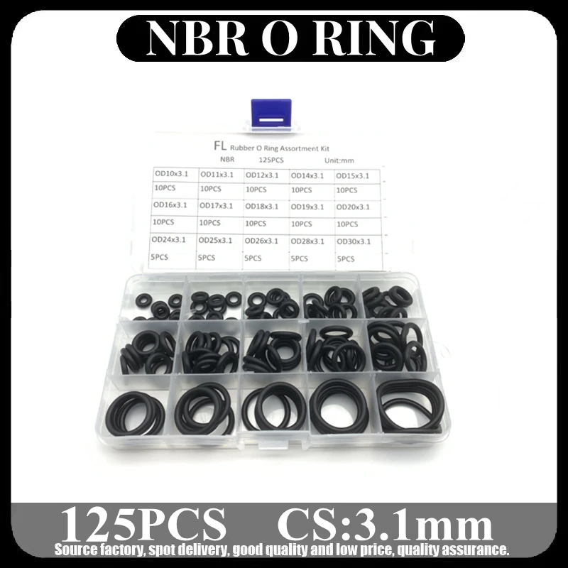 

125pcs/Box Rubber O Ring Thickness3.1mm Assortment Black O-Ring Seals Set Nitrile Washers High Quality For Car Gasket 15 Sizes