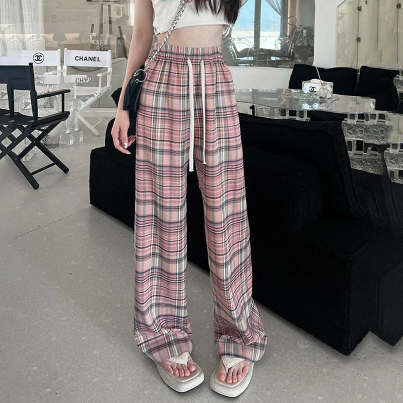 

New Thread Checkered Pants Thin Wide Leg Pants Lazy And Versatile Straight Leg Wide Leg Floor Dragging Pants For Women