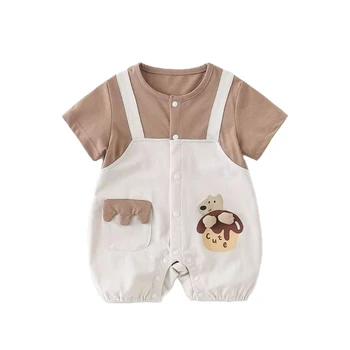 Baby Boy Pure Cotton Fake Two-Piece Summer Romper Cute Bear & Dessert Print Jumpsuit Thin Short-Sleeve Outfit Crawler 1