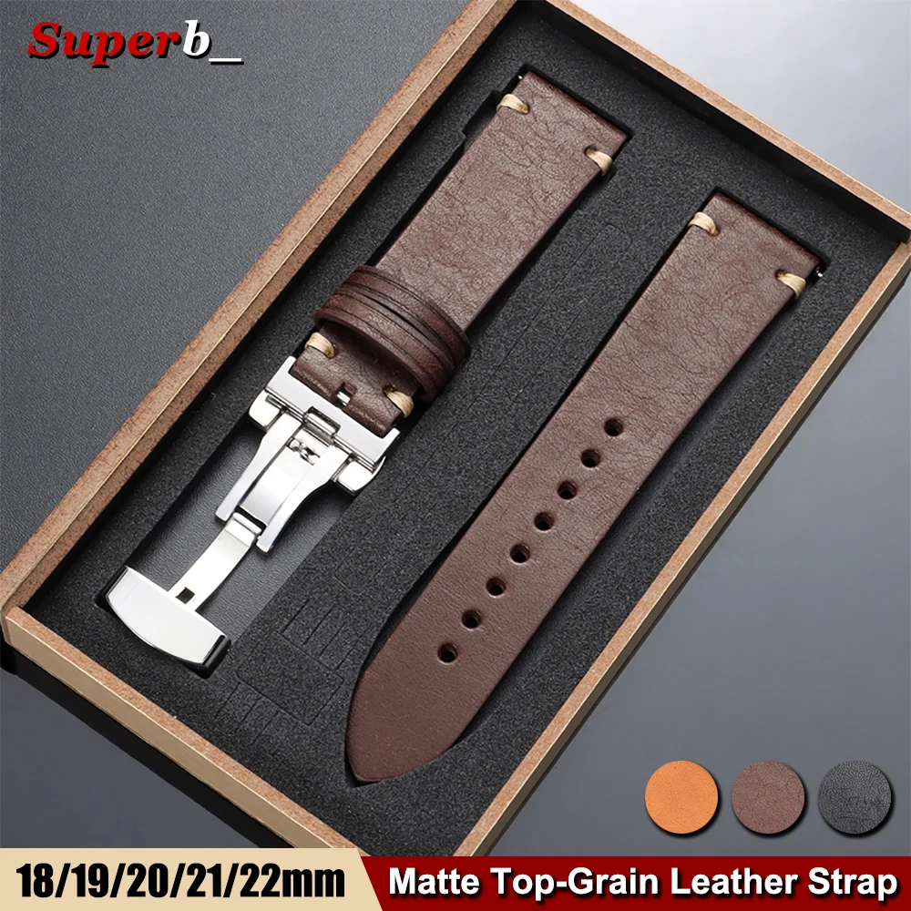 Elegant Top-Grain Leather Watch Band with Butterfly Buckle and Gift Box