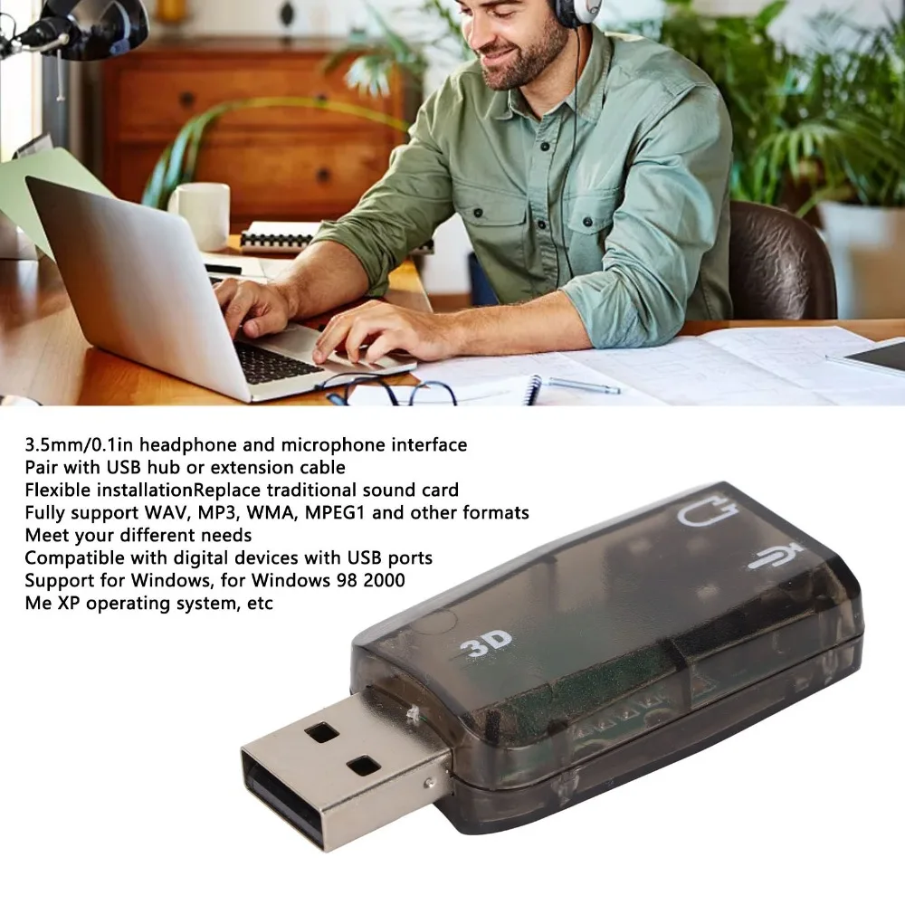 오디오 어댑터 3.5mm 헤드폰 마이크 잭 USB 사운드 카드 플러그 앤 플레이 Windows PC용 가상 5.1 채널 스테레오 사운드 카드