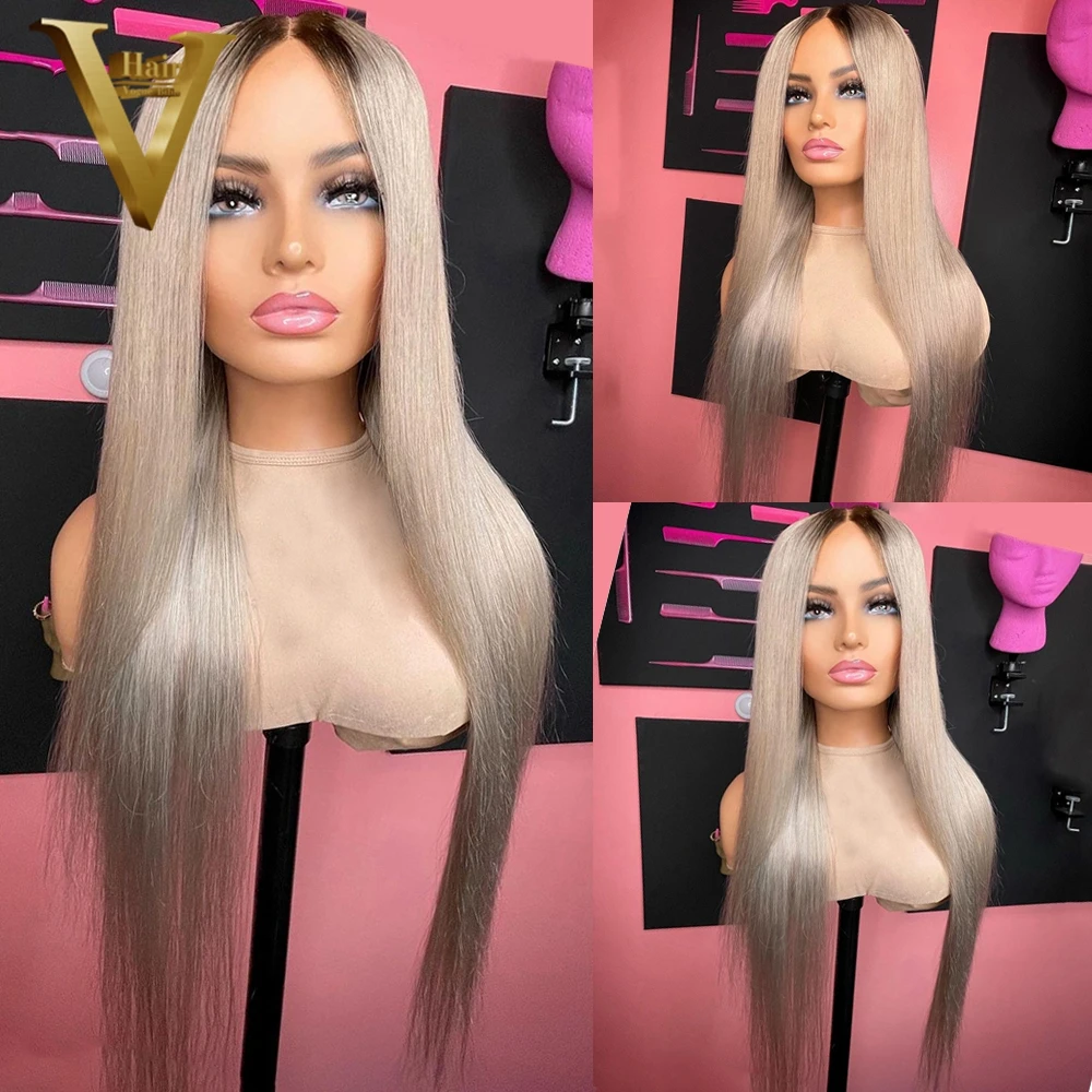 

Ombre Colored 13X4 Lace Front Human Hair Wig Transparent Glueless Ash Blonde Straight Closure Frontal Wigs For Women Preplucked